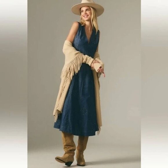 NWT by Anthropologie Blue Denim Maxi Trumpet Dress Stud + Grommets 2 Petite West - Picture 1 of 11